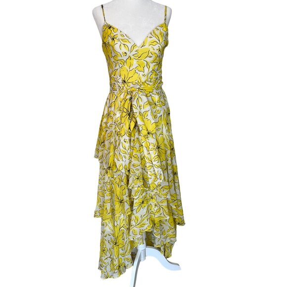 Badgley Mischka Womens Floral Print Dress in Yellow 0 Long Gown Maxi - Picture 4 of 14